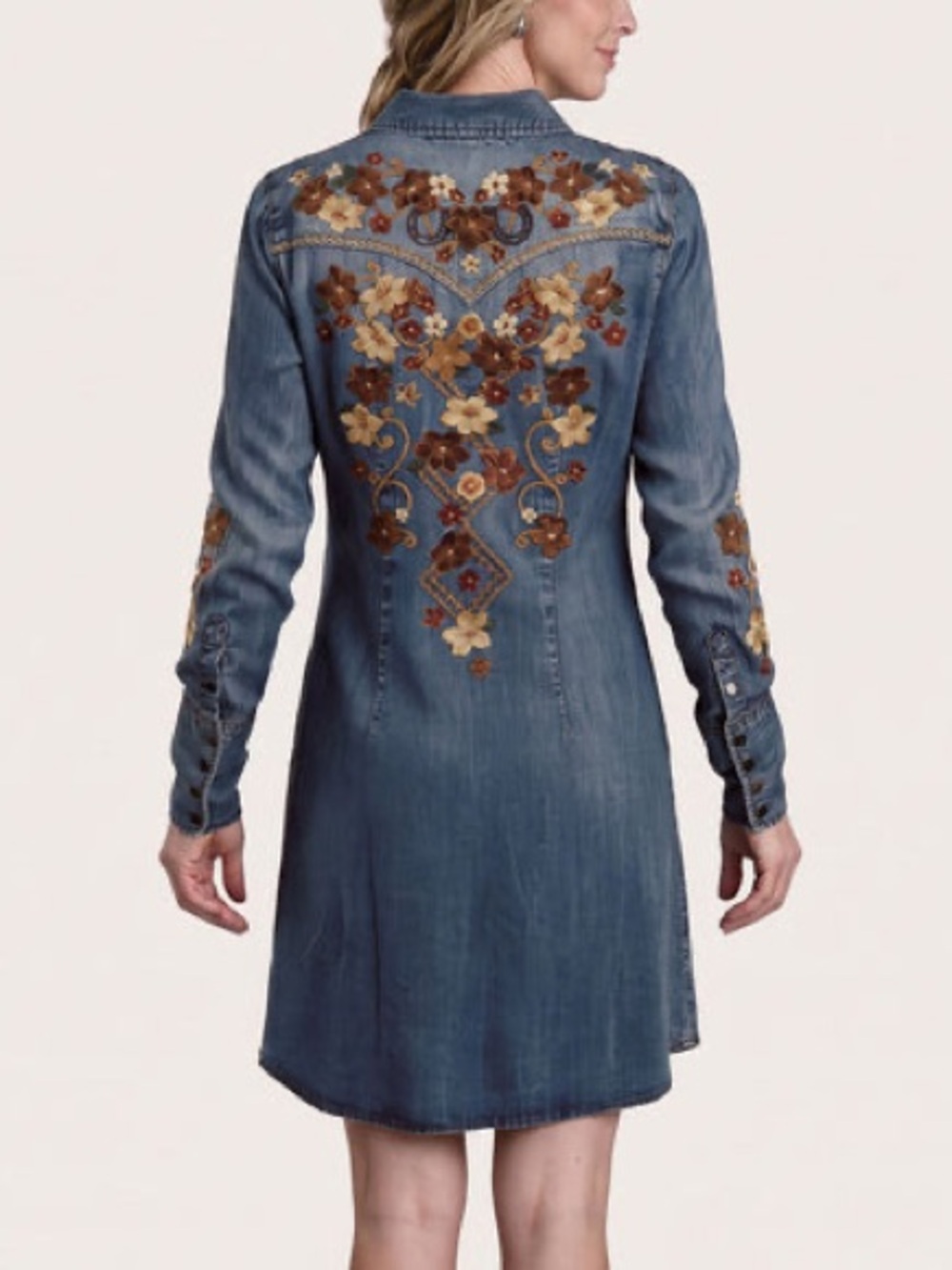 Stetson Embroidered Denim Shirt Dress - Blue with Brown Floral Accents